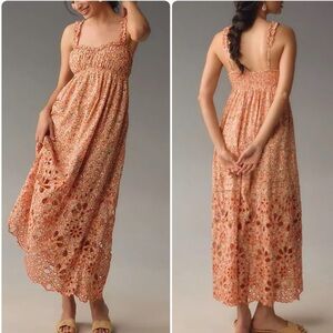 ANTHROPOLOGIE WOMENS EMBROIDERED EYELET MAXI DRESS SMALL PINK ORANGE FLORAL